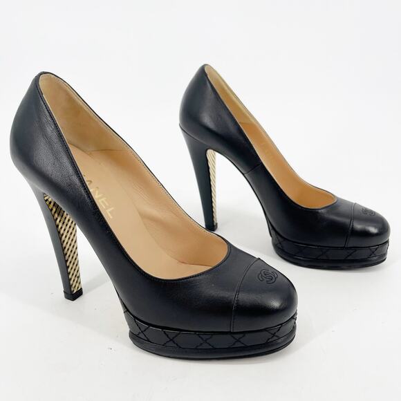 Chanel Black Lambskin CC Cap Toe Quilted Platform Pumps size EU 38.5 - Picture 1 of 12